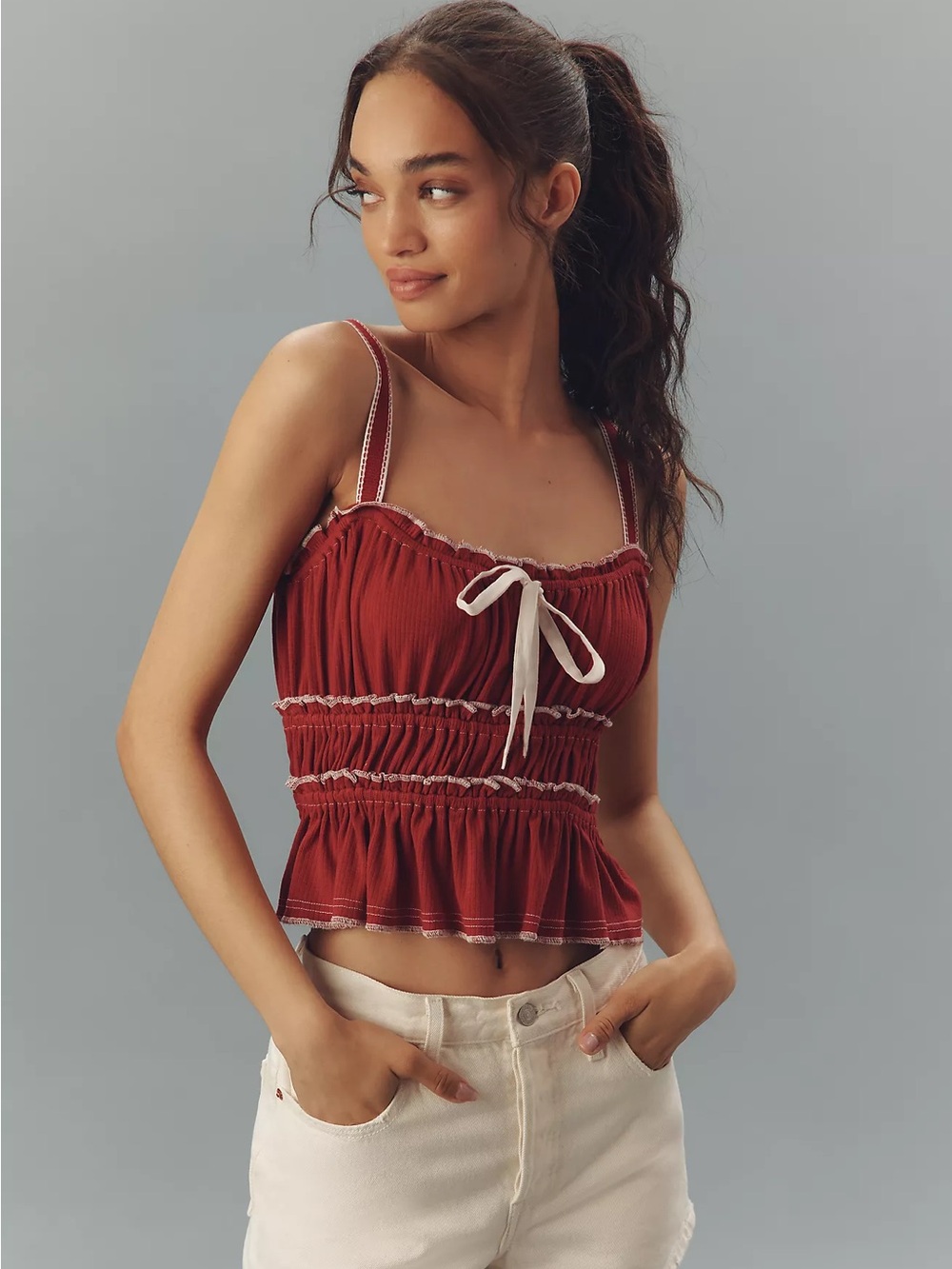 PILCRO Tiered Ruffle-Hem Ruched Tank Top